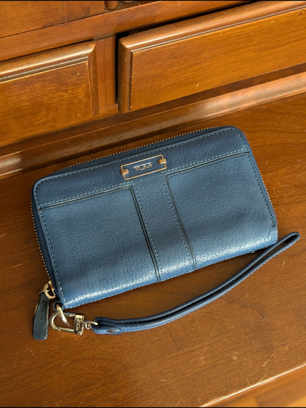 TUMI Blue Leather Zip Wristlet Wallet